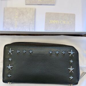 Jimmy Choo Drak Gray Leather Wallet with Star Studs